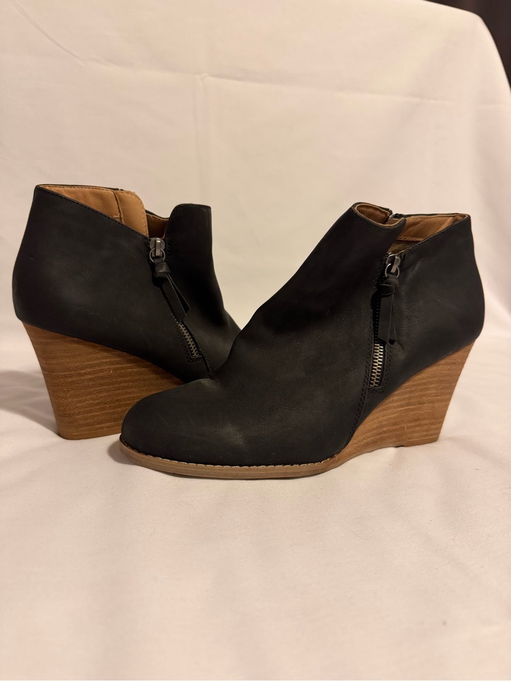 Report Black Wedge Ankle Booties with Wood-Tone Heel